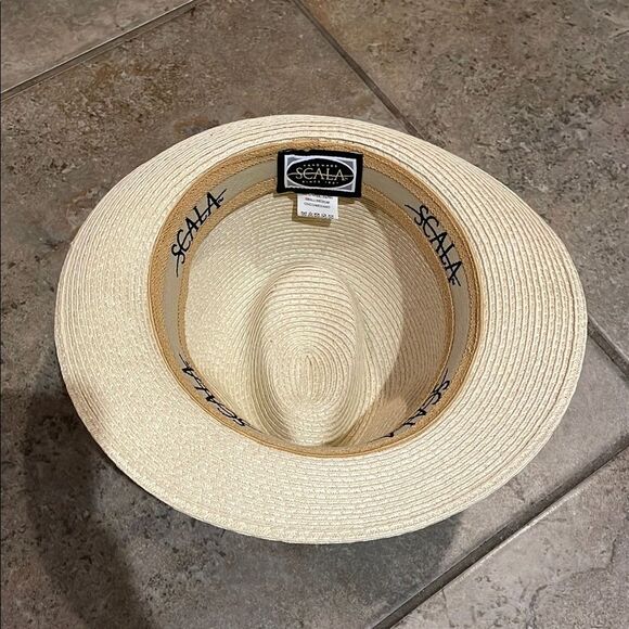 Scala Cream and Black Paper Straw Fedora Hat Mens Size Small/Medium - Picture 10 of 11